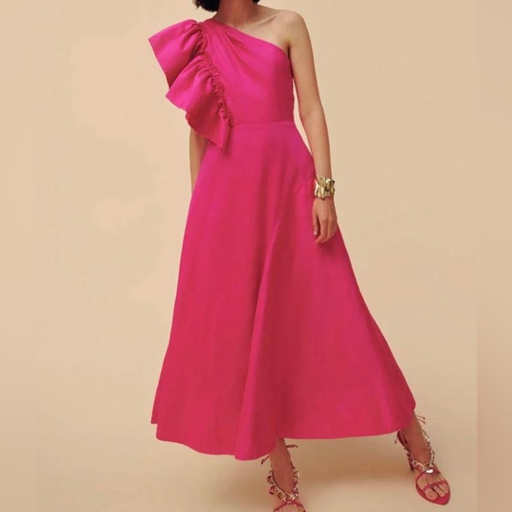 Aje Sculptura Bonjour Asymmetric Linen-Blend Midi-Dress